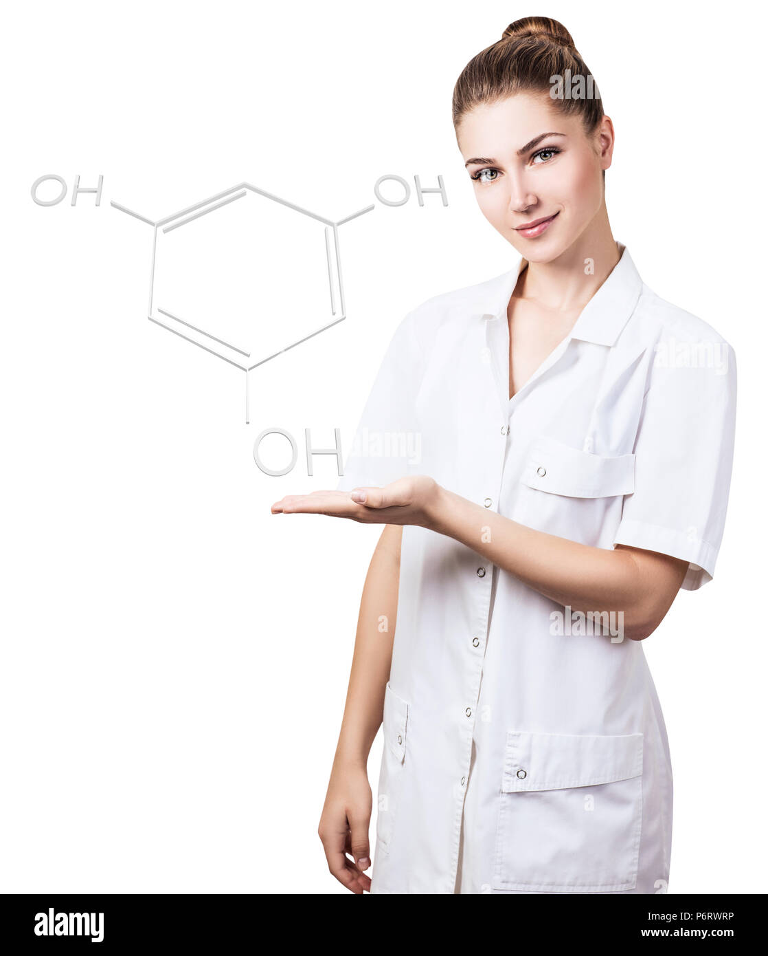 Giovane femmina presenta medico formula chimica. Foto Stock