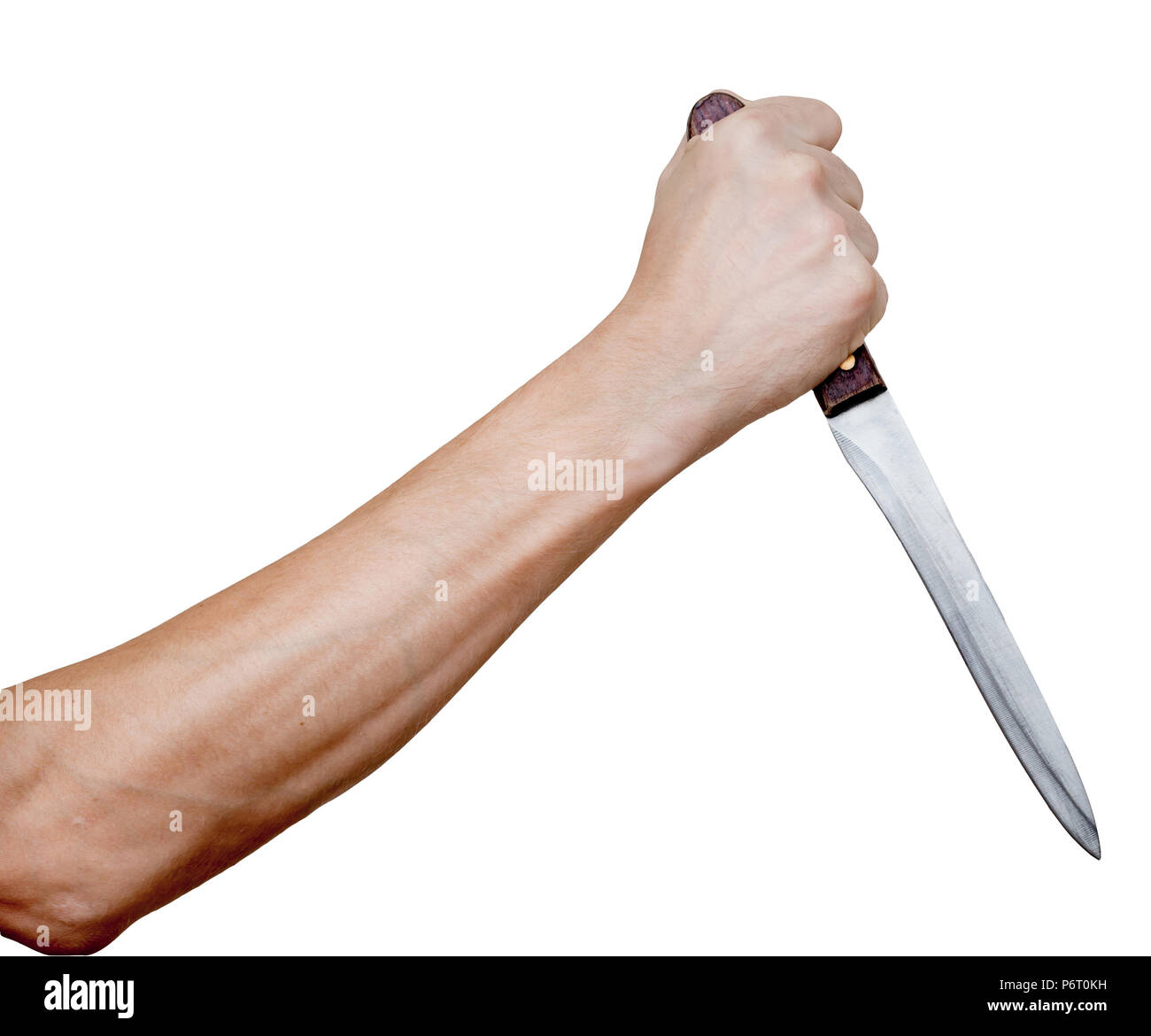 Mano d'uomo con coltello in pugno. Aggressione, di criminalità o di auto-difesa. Isolato su bianco. Foto Stock