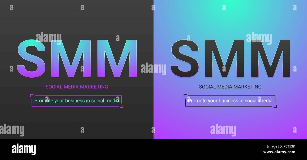 Banner di Social Media Marketing. Illustrazione Vettoriale di SMM iscrizione. Una tavolozza dei colori contenente il colore nero, turchese-gradiente viola Illustrazione Vettoriale