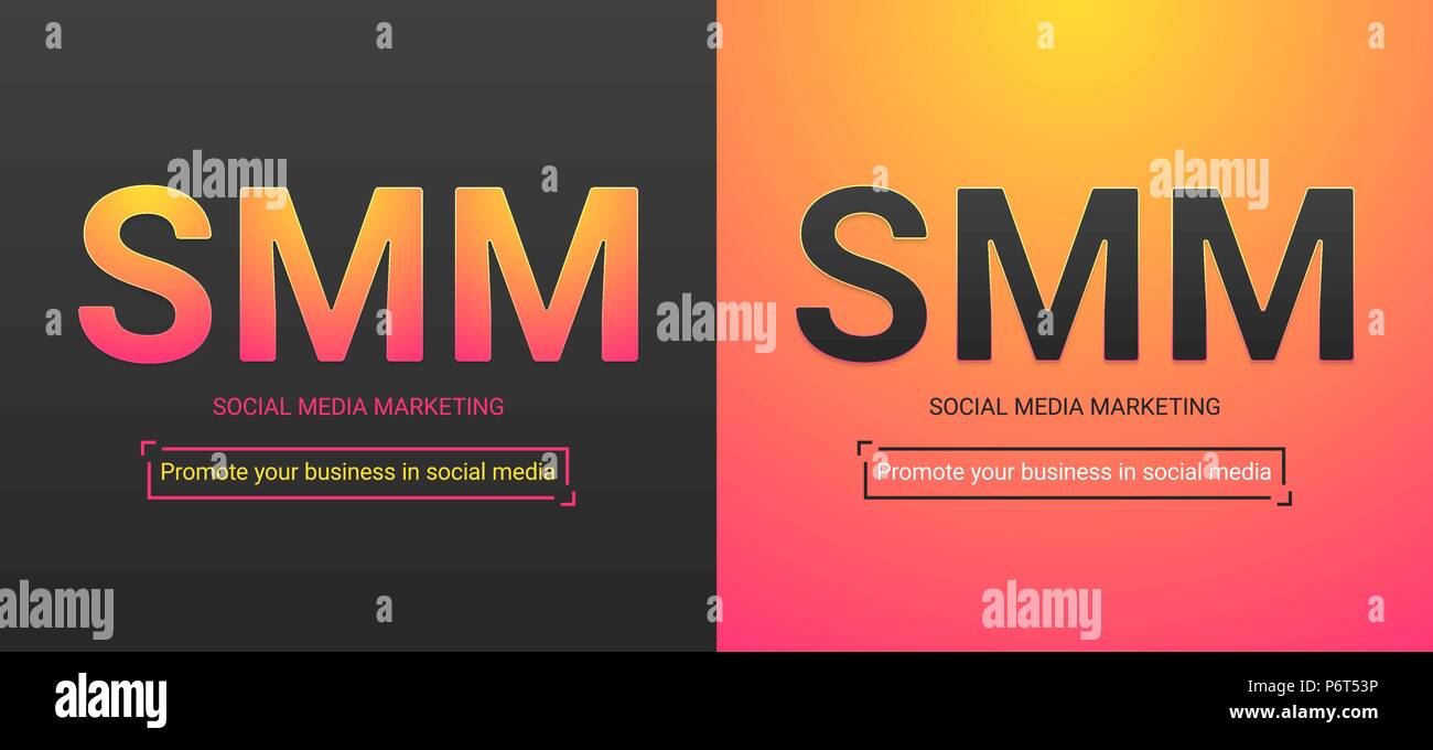 Banner di Social Media Marketing. Illustrazione Vettoriale di SMM iscrizione. Una tavolozza dei colori contenente il colore nero, giallo-gradiente di colore rosa Illustrazione Vettoriale