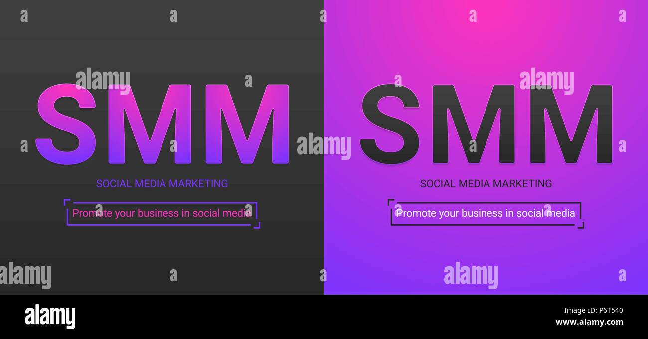 Banner di Social Media Marketing. Illustrazione Vettoriale di SMM iscrizione. Una tavolozza dei colori contenente il colore nero, viola-gradiente viola Illustrazione Vettoriale