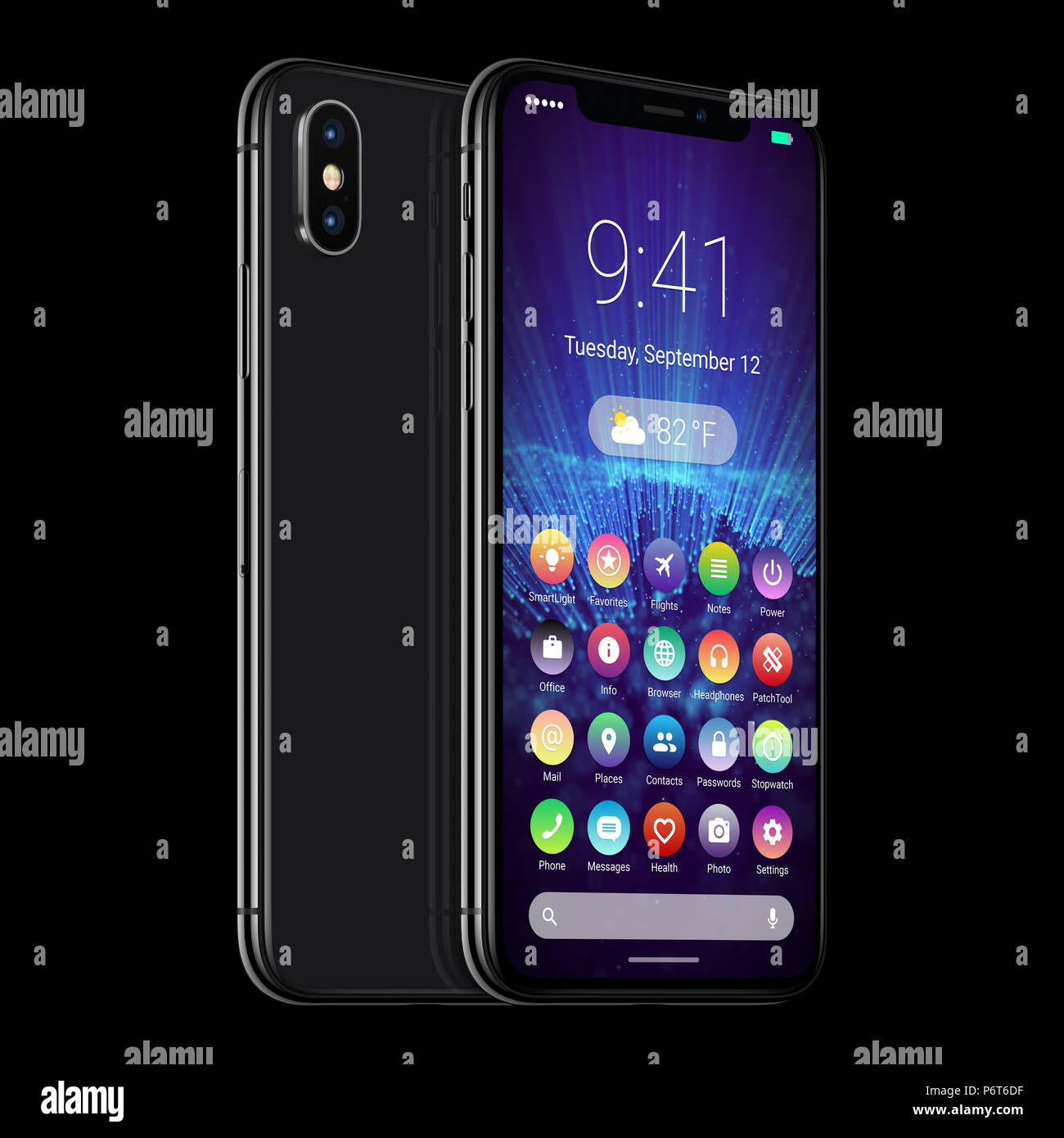 Ruotare nero smartphone con design di materiale piatto interfaccia UI i lati anteriore e posteriore. Android concept phone. Foto Stock Ruotare nero smartphone con design di materiale piatto interfaccia UI i lati anteriore e posteriore. Android concept phone. Foto Stock