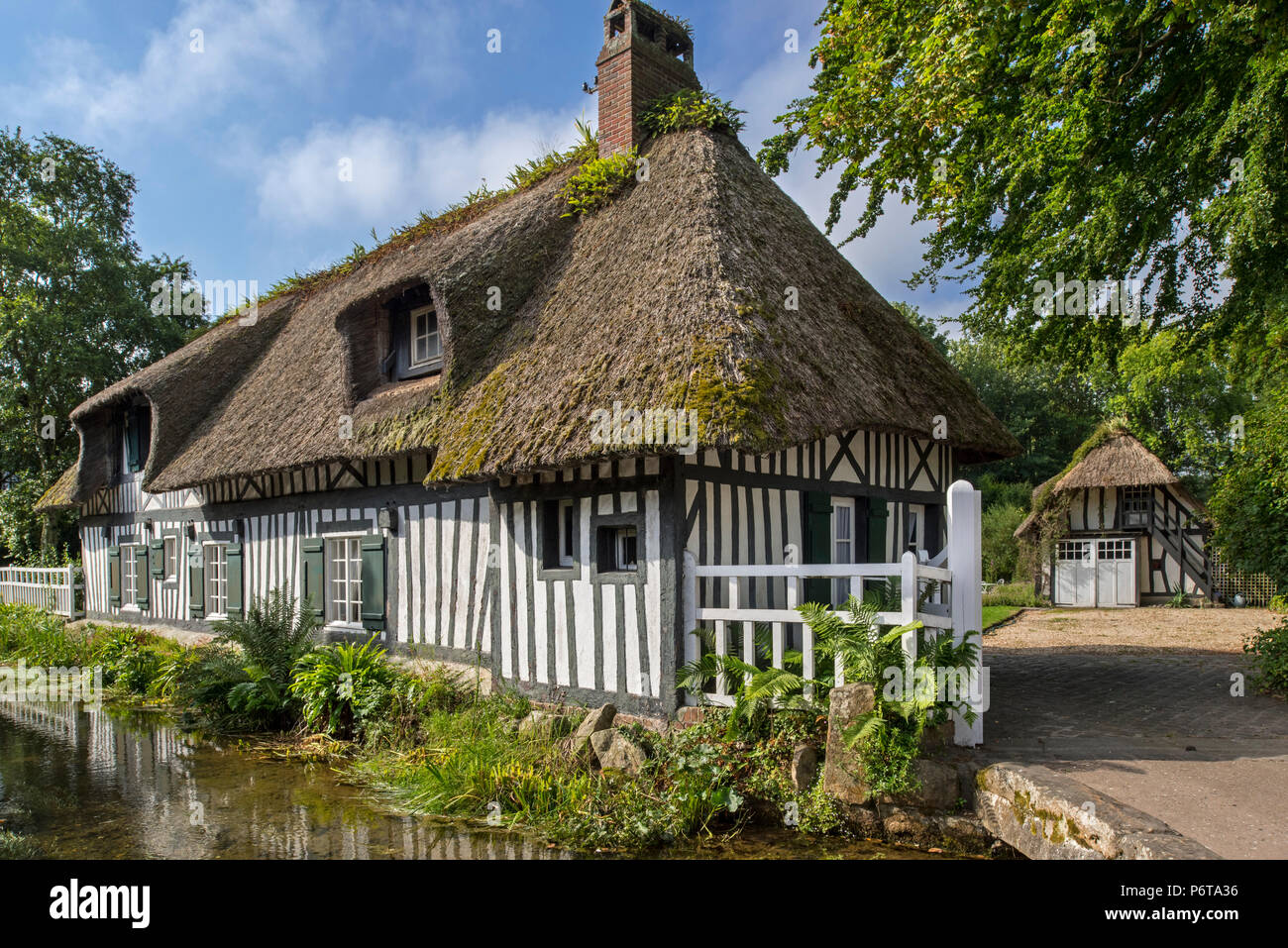 Legno a casa con tetto di paglia lungo il fiume Veules, Francia il più corto fiume di Veules-les-Roses, Seine-Maritime, Côte d'Albâtre, Normandia Foto Stock