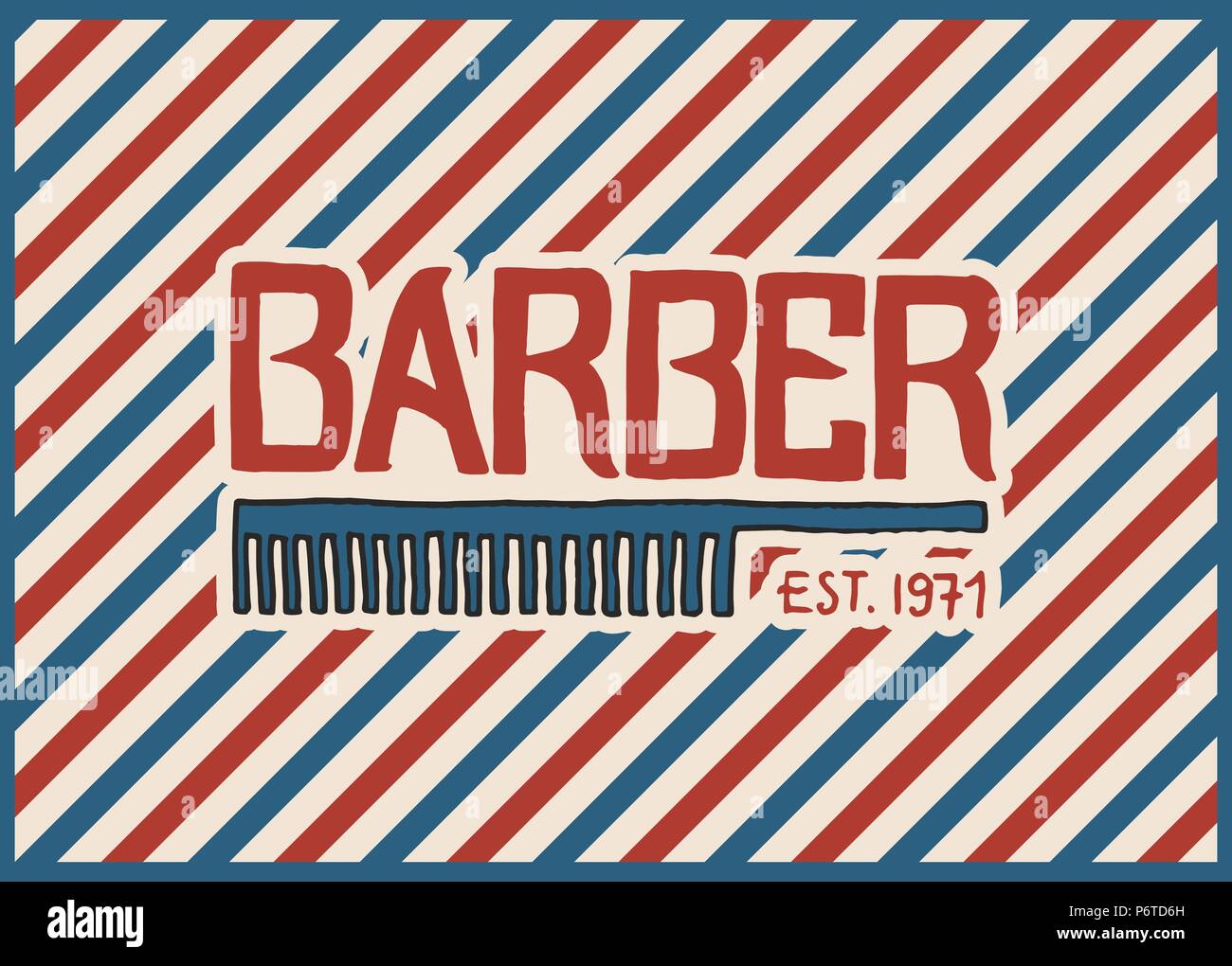 Barberia badge logo etichetta. Hipster emblema per cartello taglio di barba e baffi. Incisi disegnati a mano nel vecchio schizzo vintage. Lettering moderno. Illustrazione Vettoriale