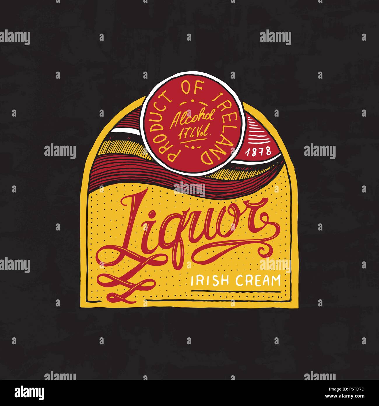 Vintage etichetta liquore badge. Forte del logo di alcool con elemento calligrafico. Telaio per poster banner. Adesivo emblema disegnato a mano inciso di scritte per t-shirt. Illustrazione Vettoriale