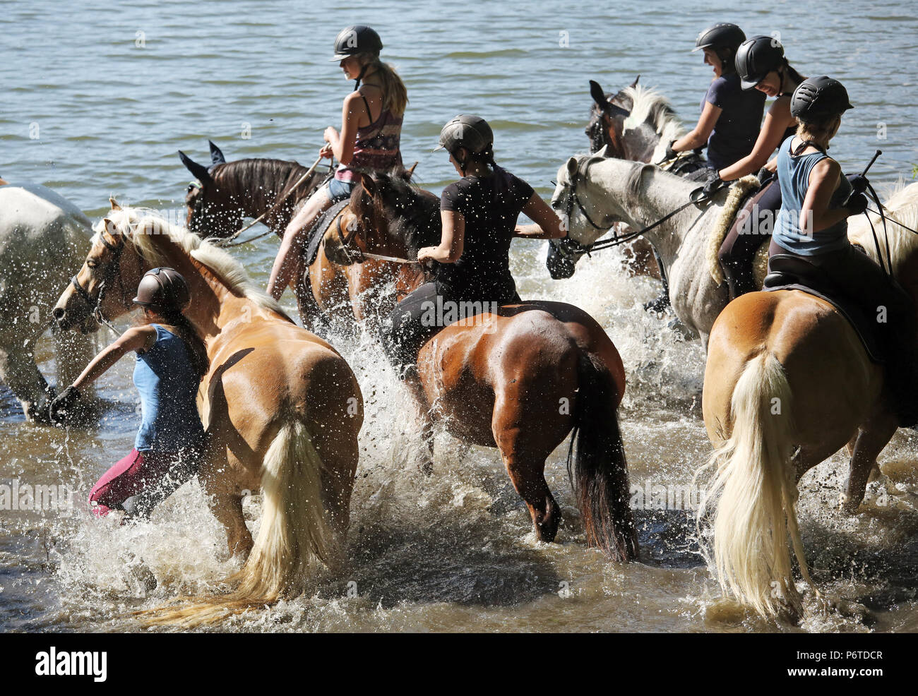 Oberoderwitz, ragazze bagnarsi con i loro cavalli in un lago Foto Stock