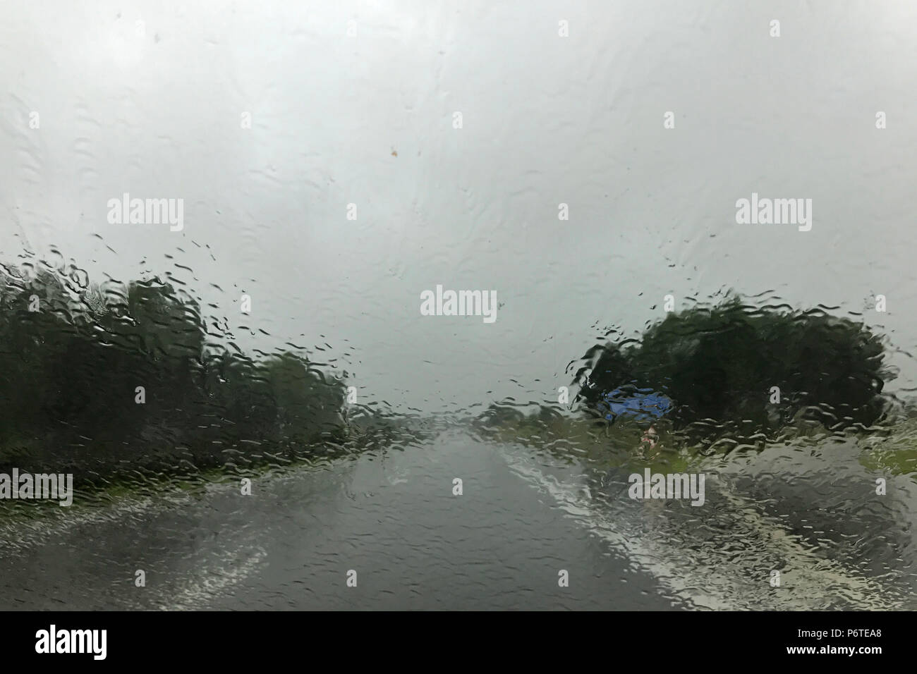 Berlino, Germania, scarsa visibilità durante una forte pioggia su una strada di campagna Foto Stock