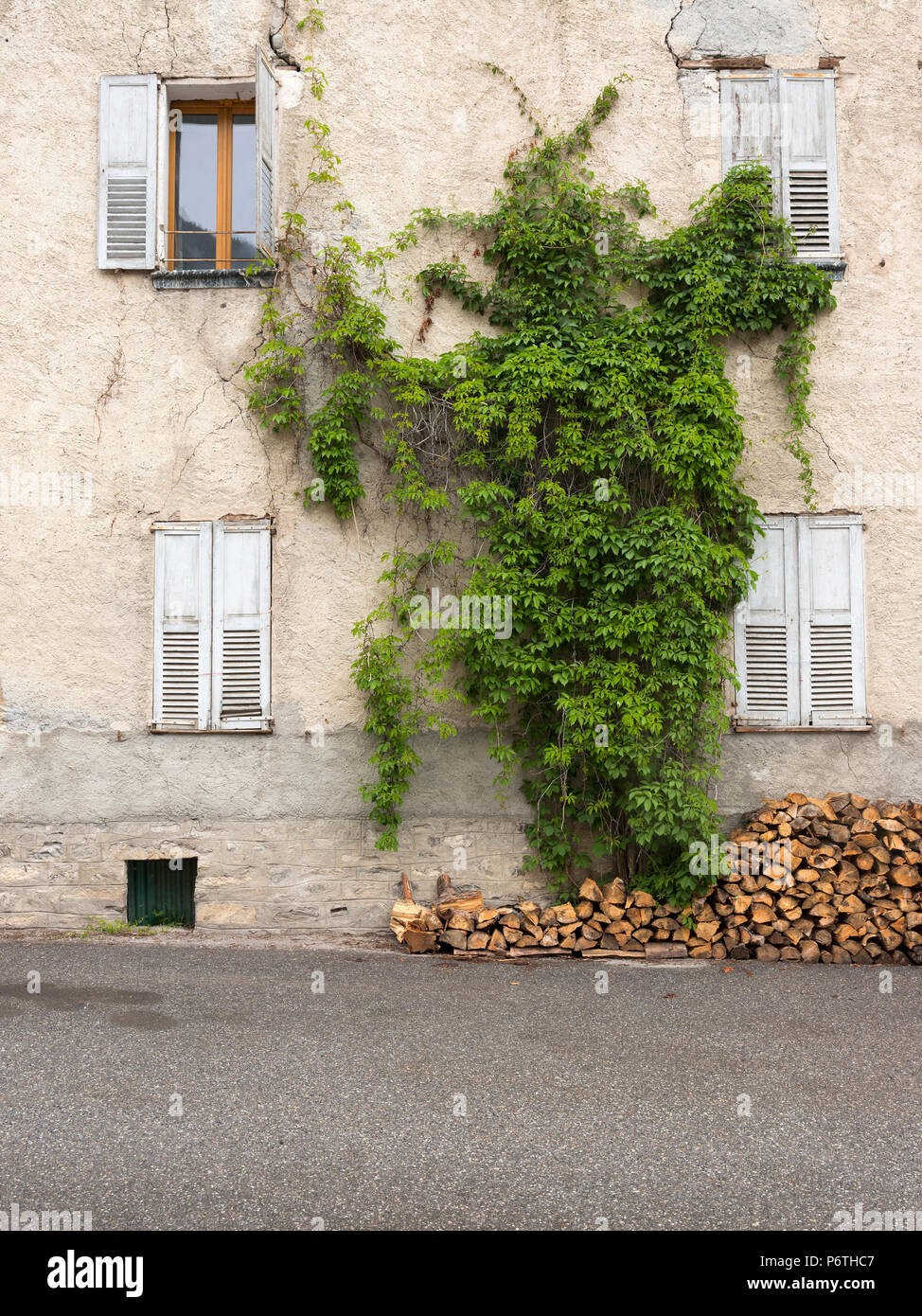 Legna da ardere ed edera contro la vecchia facciata della casa francese in Haute Provence Foto Stock