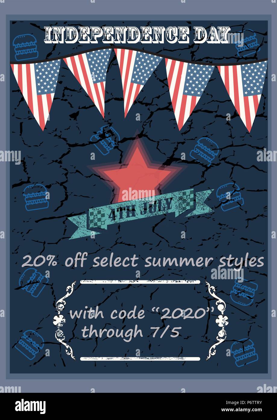 Poster festeggiare felice 4 luglio - Giorno di Indipendenza. Stili di estate in vendita con uno sconto del 20%. National American holiday evento. Illustrazione vettoriale EPS10. Illustrazione Vettoriale