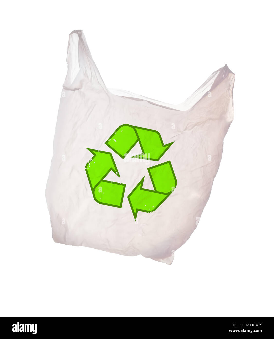 White il sacchetto di plastica con il logo di riciclo isolato su uno sfondo bianco. Il riciclaggio. Foto Stock