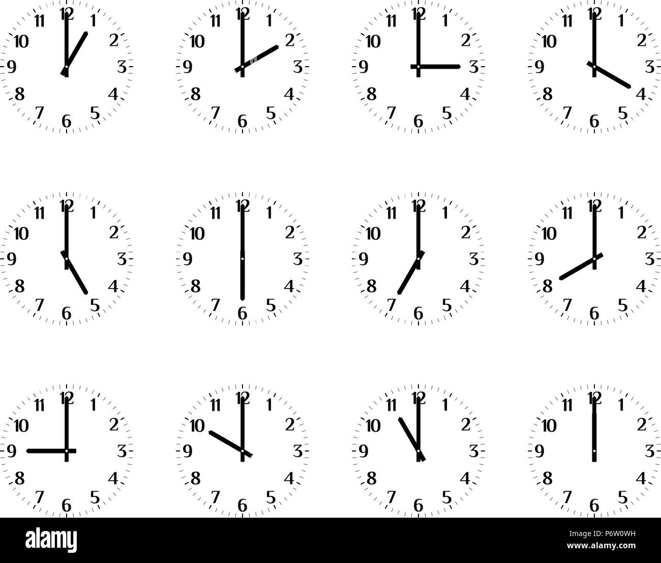 Icona di un orologio impostato che mostra i tempi della giornata. Orologio, ora e minuto le mani. Numeri arabi. Bianco e nero arte vettoriale Illustrazione Vettoriale