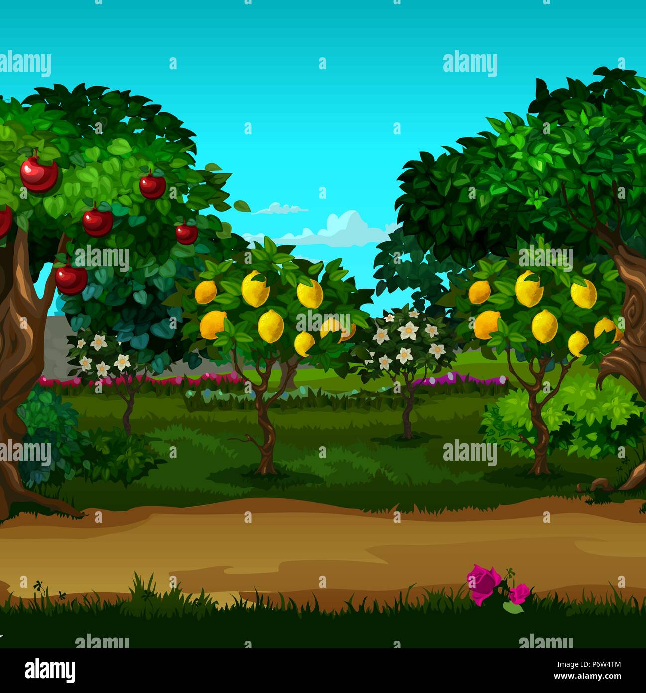 Un giardino con frutti maturi. Vector cartoon close-up illustrazione. Illustrazione Vettoriale