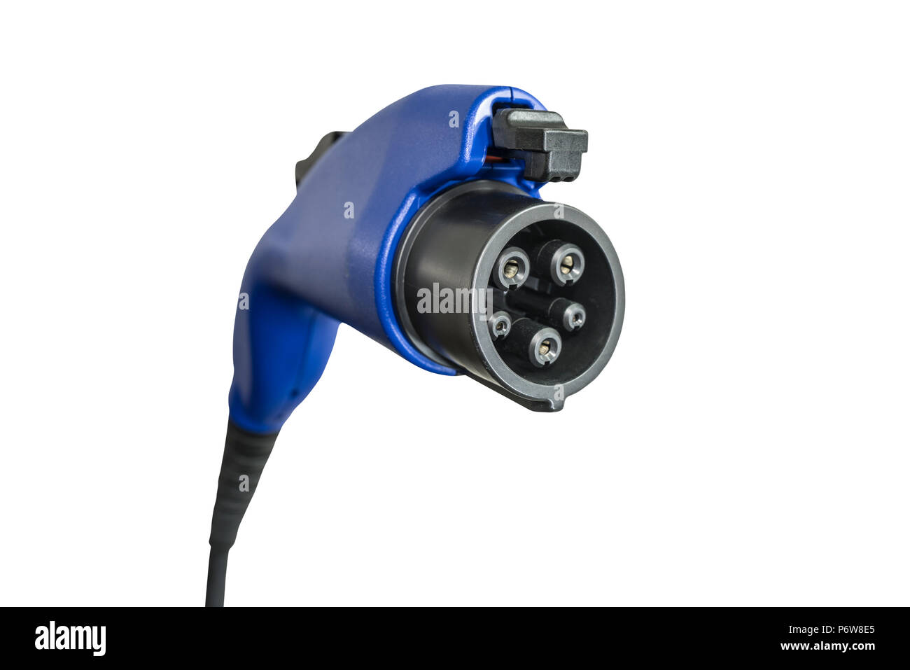 Chiusura del veicolo elettrico plug auto carica isolata su bianco. Foto Stock