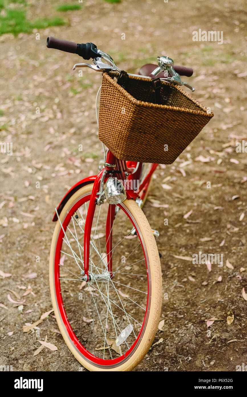 Vecchio rosso vintage Cestino bici Foto stock - Alamy