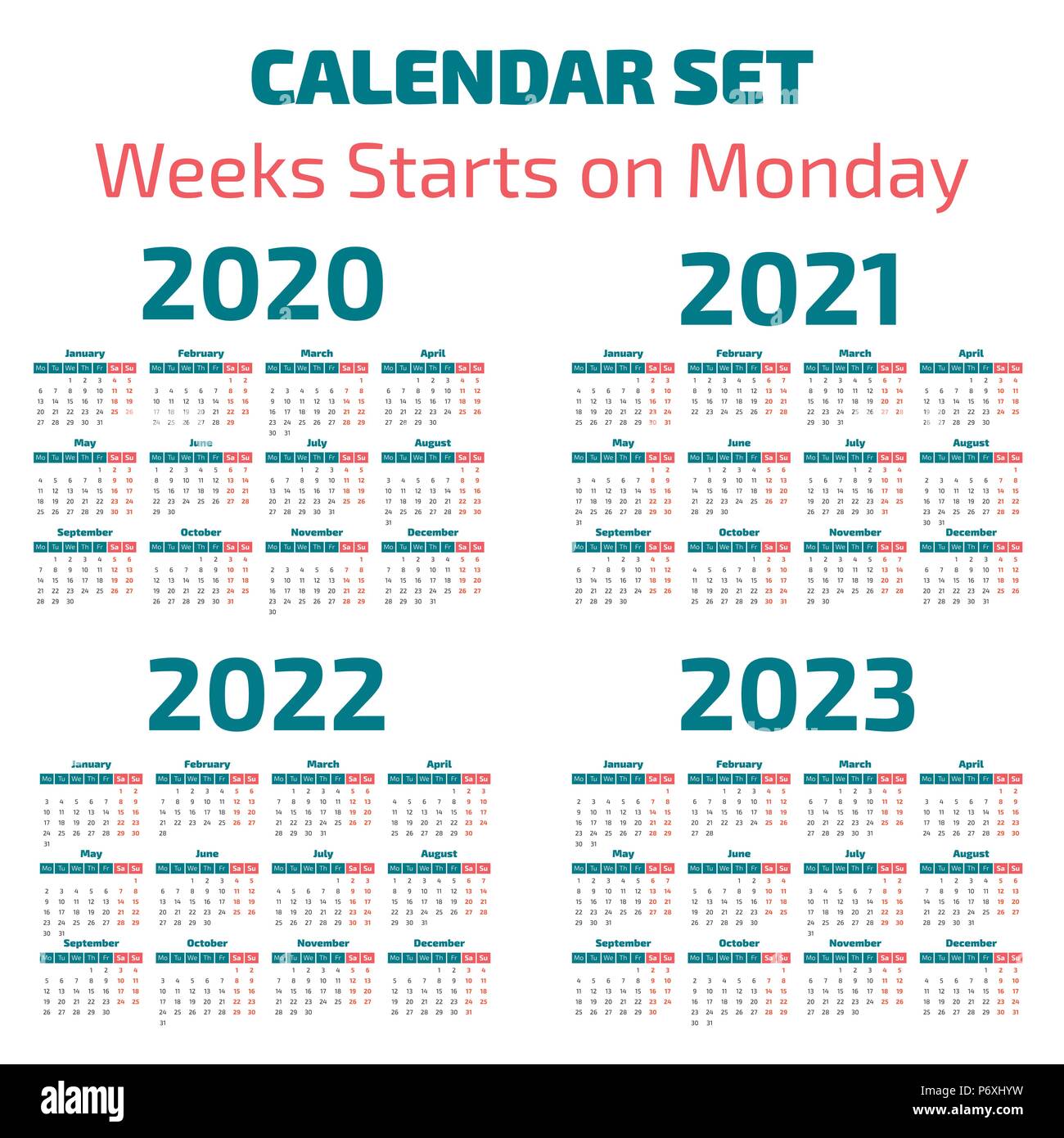 Semplice anni 2020-2023 calendario, la settimana inizia il lunedì Illustrazione Vettoriale