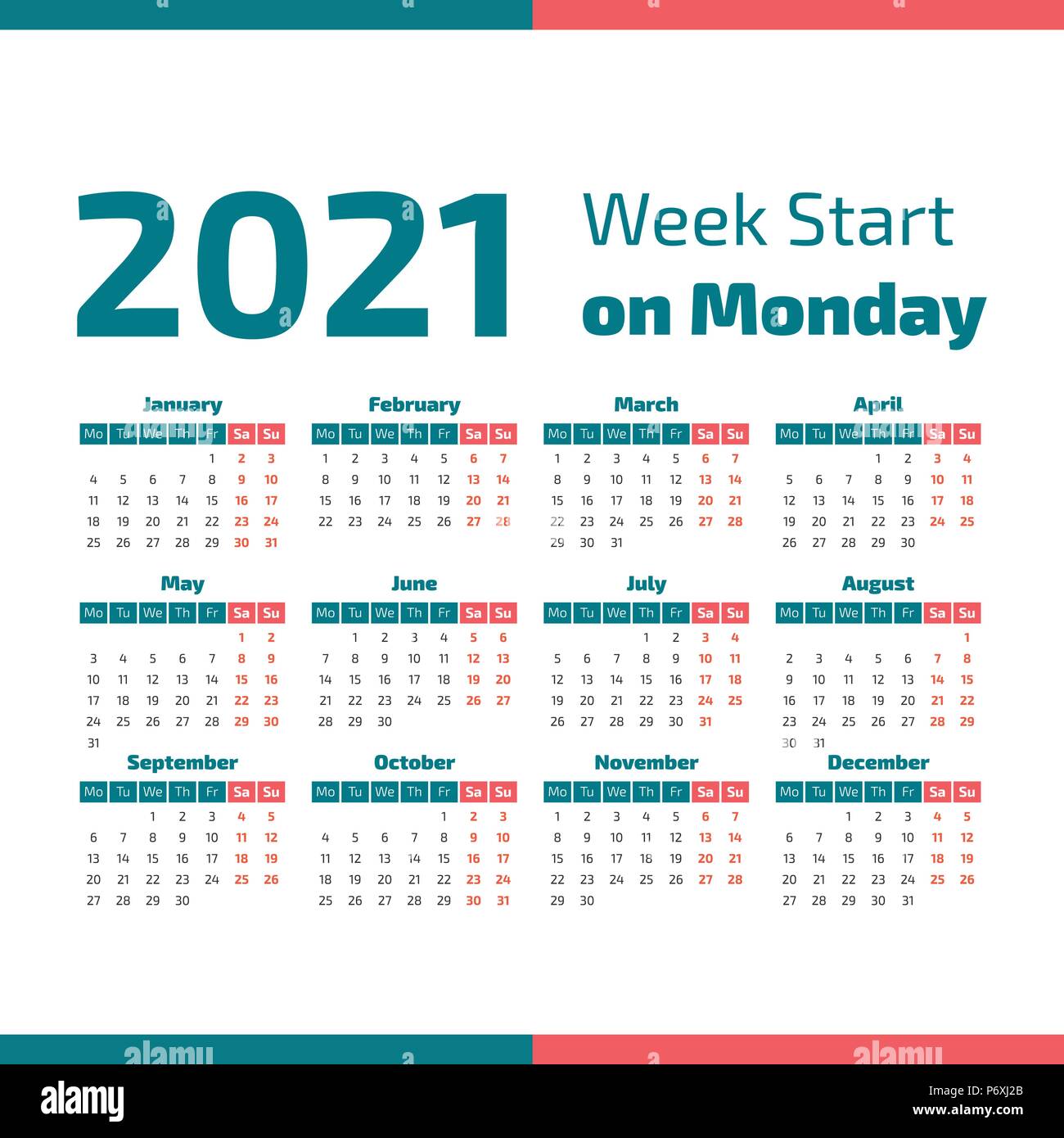 Semplice 2021 Calendario Dell Anno Settimana Inizia Il Lunedi Immagine E Vettoriale Alamy settimana 18 calendario 2021