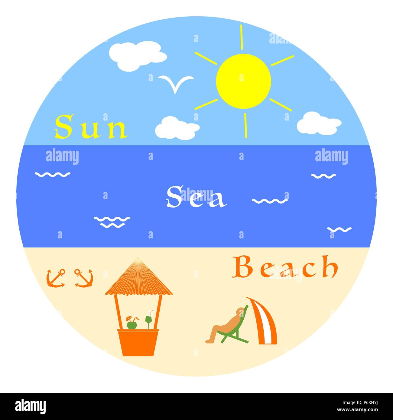 Il sole, le nuvole, Bird, il mare, le onde, spiaggia, ancore, bar, chaise longue, tenda. In estate il tempo libero. Illustrazione Vettoriale