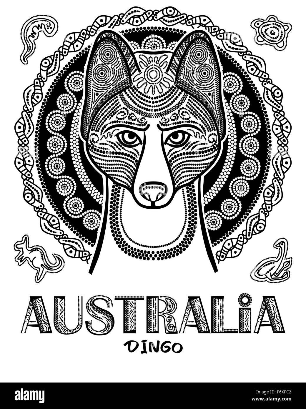 Immagine vettoriale di cane dingo in stile etnico. Aborigeni Australiani style Illustrazione Vettoriale