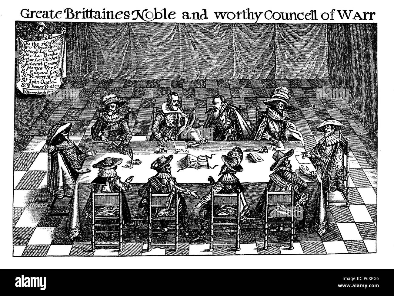 Inglese consiglio di guerra (1624). Dopo un contemporaneo incisione su rame, Foto Stock