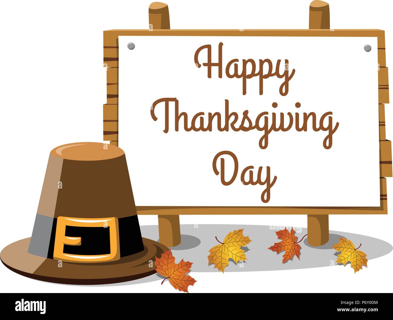 Felice giorno del ringraziamento testo sul banner con pellegrino hat e lascia isolato Illustrazione Vettoriale
