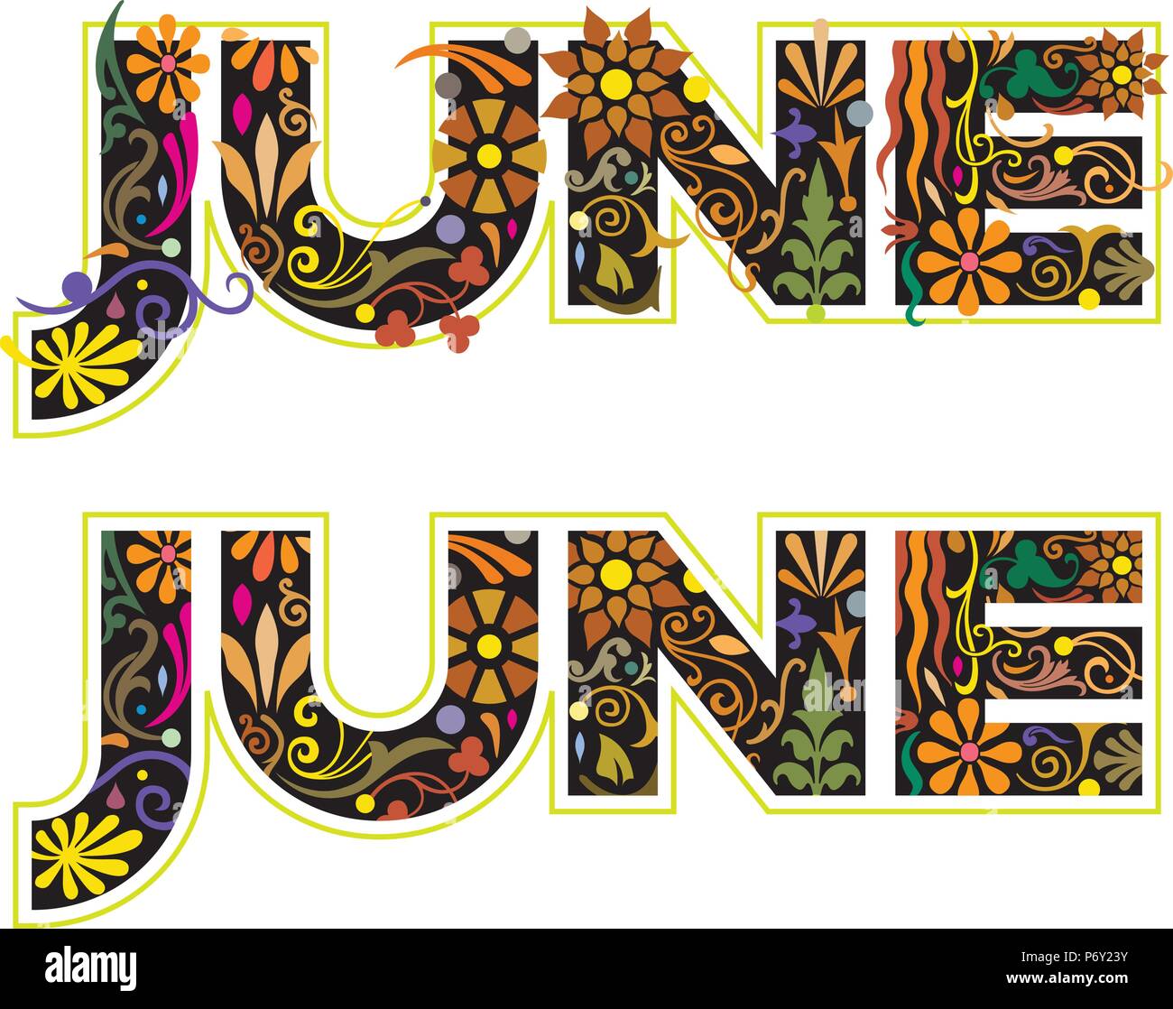 La parola giugno, il sesto mese dell'anno, in colore nero decorato con fiori e foglie Illustrazione Vettoriale