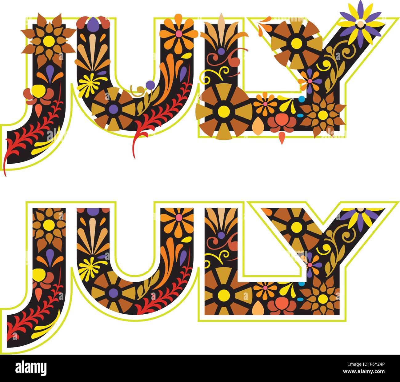 La parola luglio, 7 mese dell'anno, in colore nero decorato con fiori e foglie Illustrazione Vettoriale