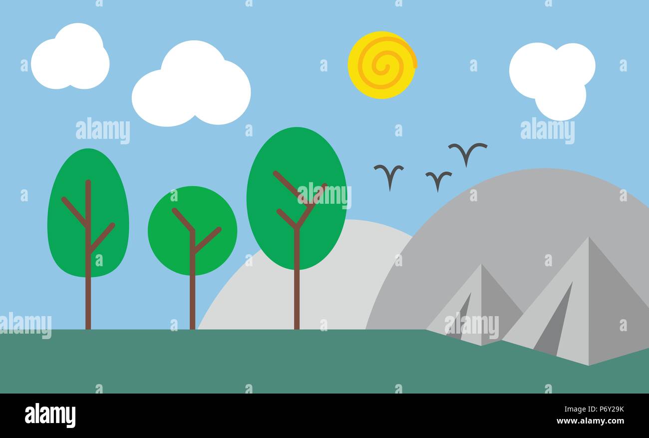 Abstract camping scena in natura, piatta illustrazione design minimalista, colori di base Illustrazione Vettoriale