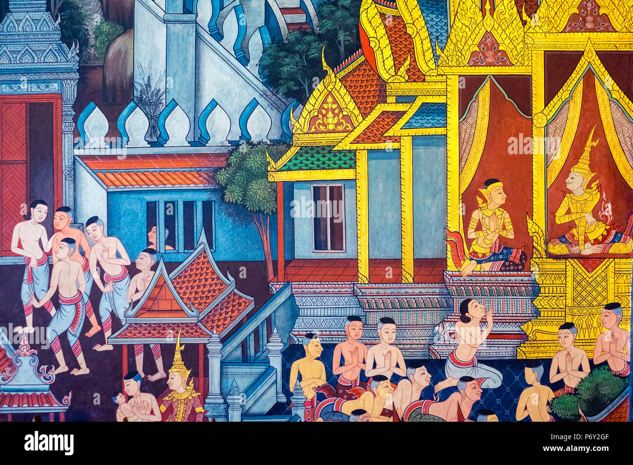 Coloratissimi murales dipinti raffiguranti scene della vita di Buddha, all'interno di Wat Pho (il Tempio del Buddha Reclinato), Bangkok, Thailandia Foto Stock