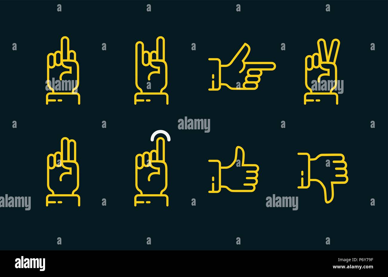 Gesti con le mani la linea sottile icon set in colori scuri. Vector movimenti sullo schermo a sfioramento icone nella linea sottile stile. Illustrazione Vettoriale