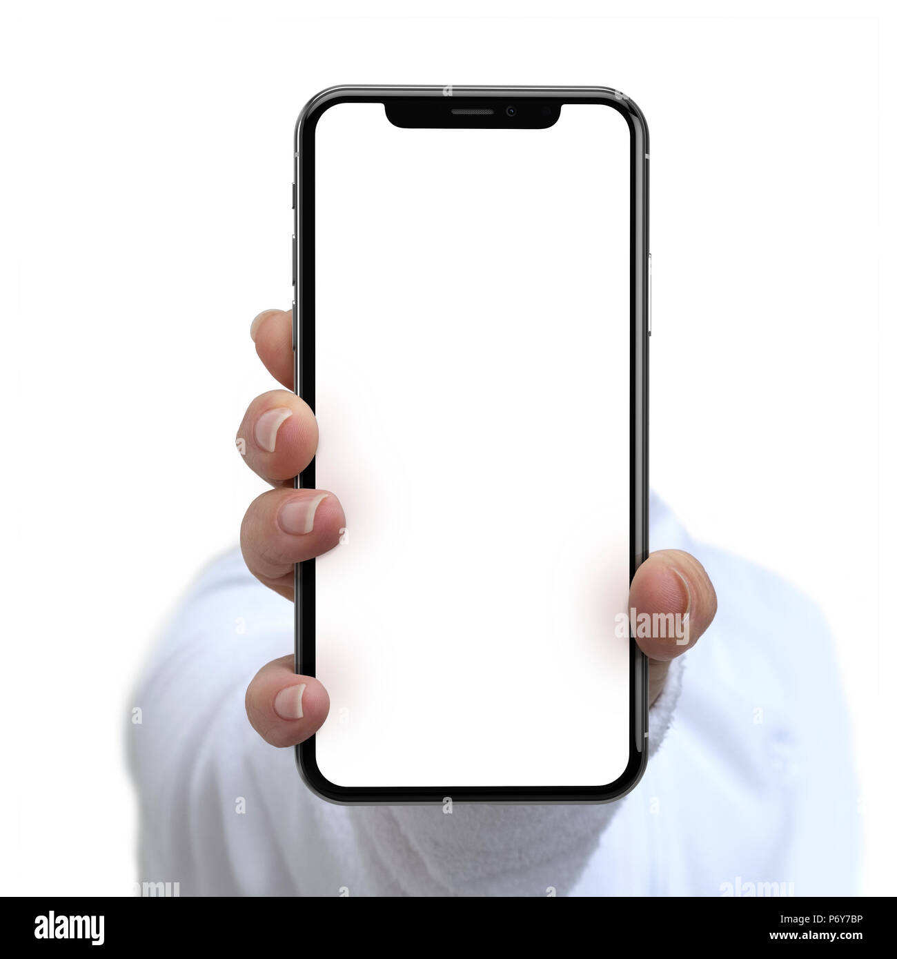 Mani tenendo il telefono su sfondo bianco Foto Stock