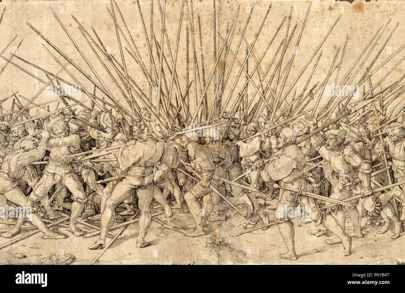 Svizzero e Landsknecht pikemen lotta a 'push di pike' durante le guerre d'Italia. Foto Stock