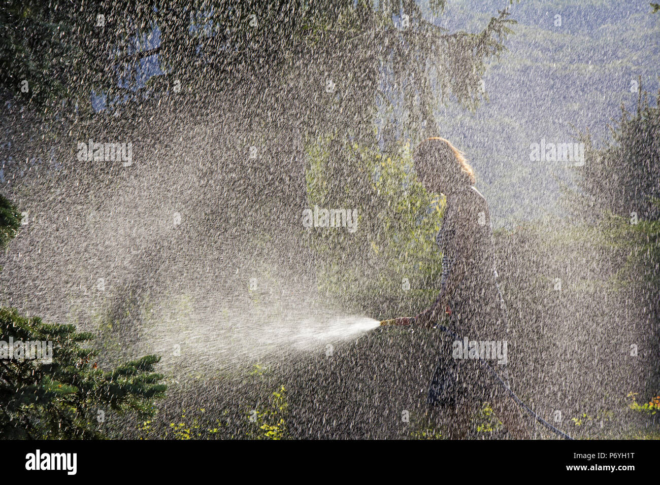 Una giovane donna di irrigazione di un prato nel cortile della casa, sullo sfondo la luce del sole Foto Stock