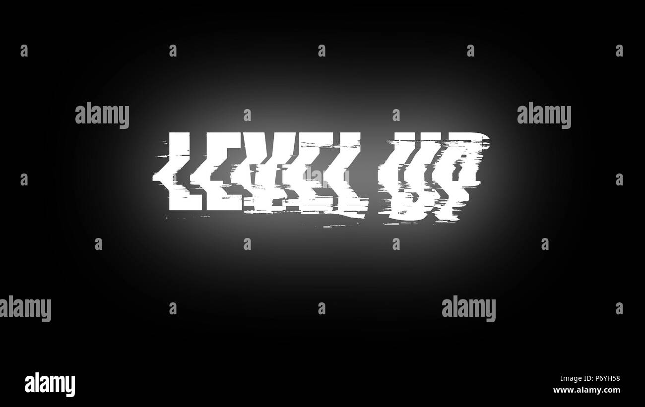 Lettere di salire di livello nel testo con rumore sul nero, 3D render sfondo, generazione di computer per videogame Foto Stock