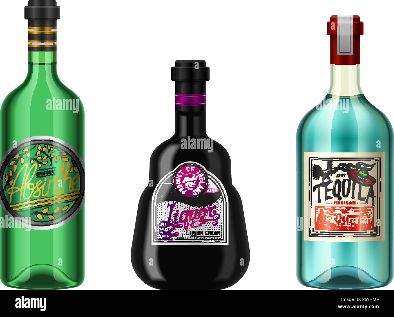 Realistico bicchieri di bevande alcoliche in una bottiglia con diverse  etichette vintage. Assente liquore Tequila. Illustrazione Vettoriale  Immagine e Vettoriale - Alamy