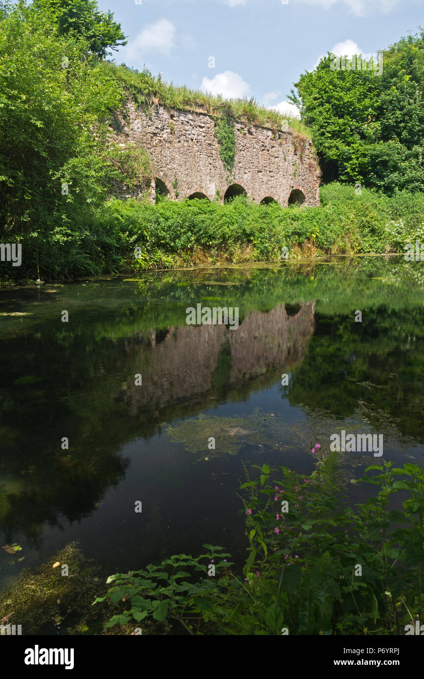 Un scenic summertimeview guardando attraverso il Great Western Canal (Tiverton canal) verso il Waytown Limeklins vicino Holcombe Rogus nel Devon, Regno Unito. Foto Stock