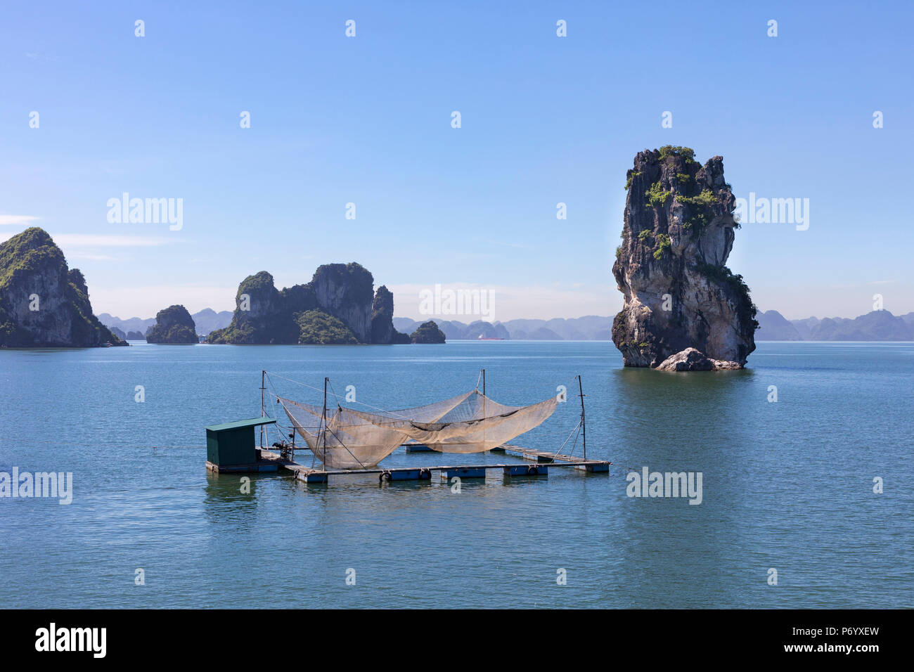 Le reti da pesca su una zattera di fronte della roccia carsica, Halong Bay, Quang Ninh provincia nordorientale, Vietnam, sud-est asiatico Foto Stock