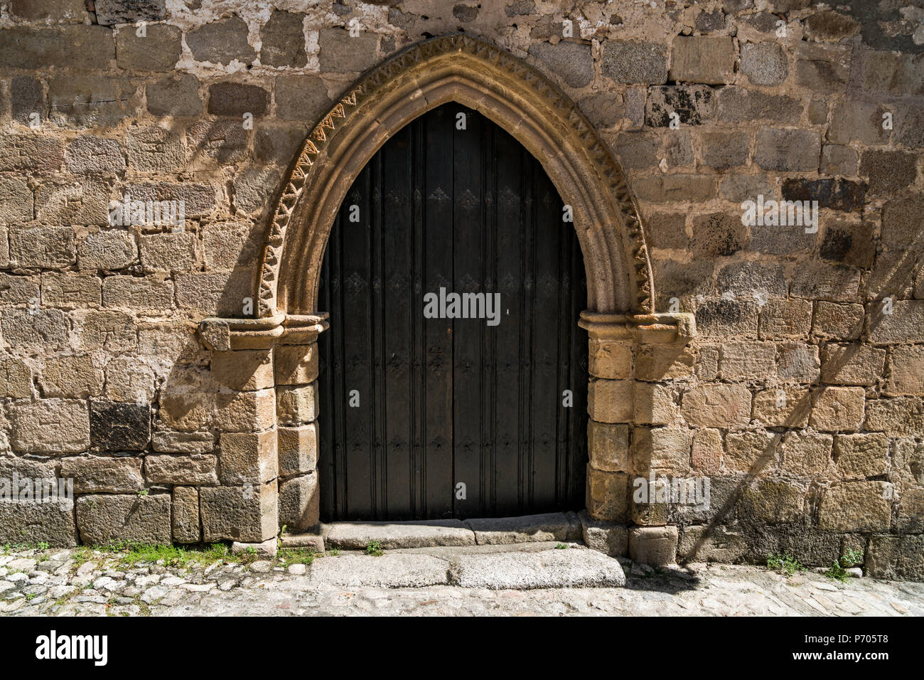 Lo stile gotico porta di un edificio nella città di Trujillo, Estremadura, Spagna Foto Stock