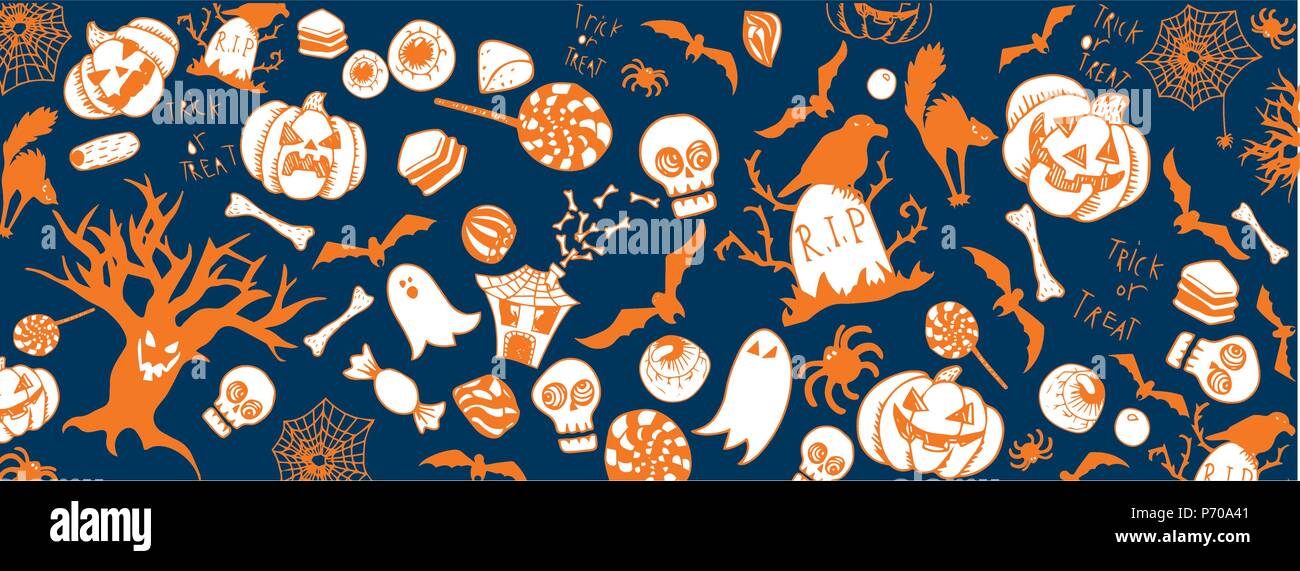 Halloween divertente doodle vettore completo banner di grandi dimensioni Illustrazione Vettoriale