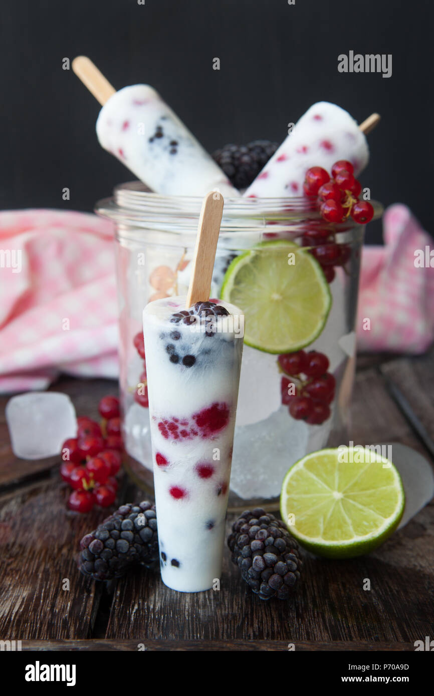 Frozen yogurt popsicles con freschi frutti di bosco estivi Foto Stock