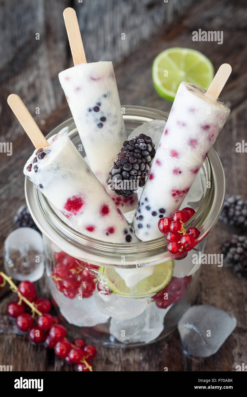 Frozen yogurt popsicles con freschi frutti di bosco estivi Foto Stock