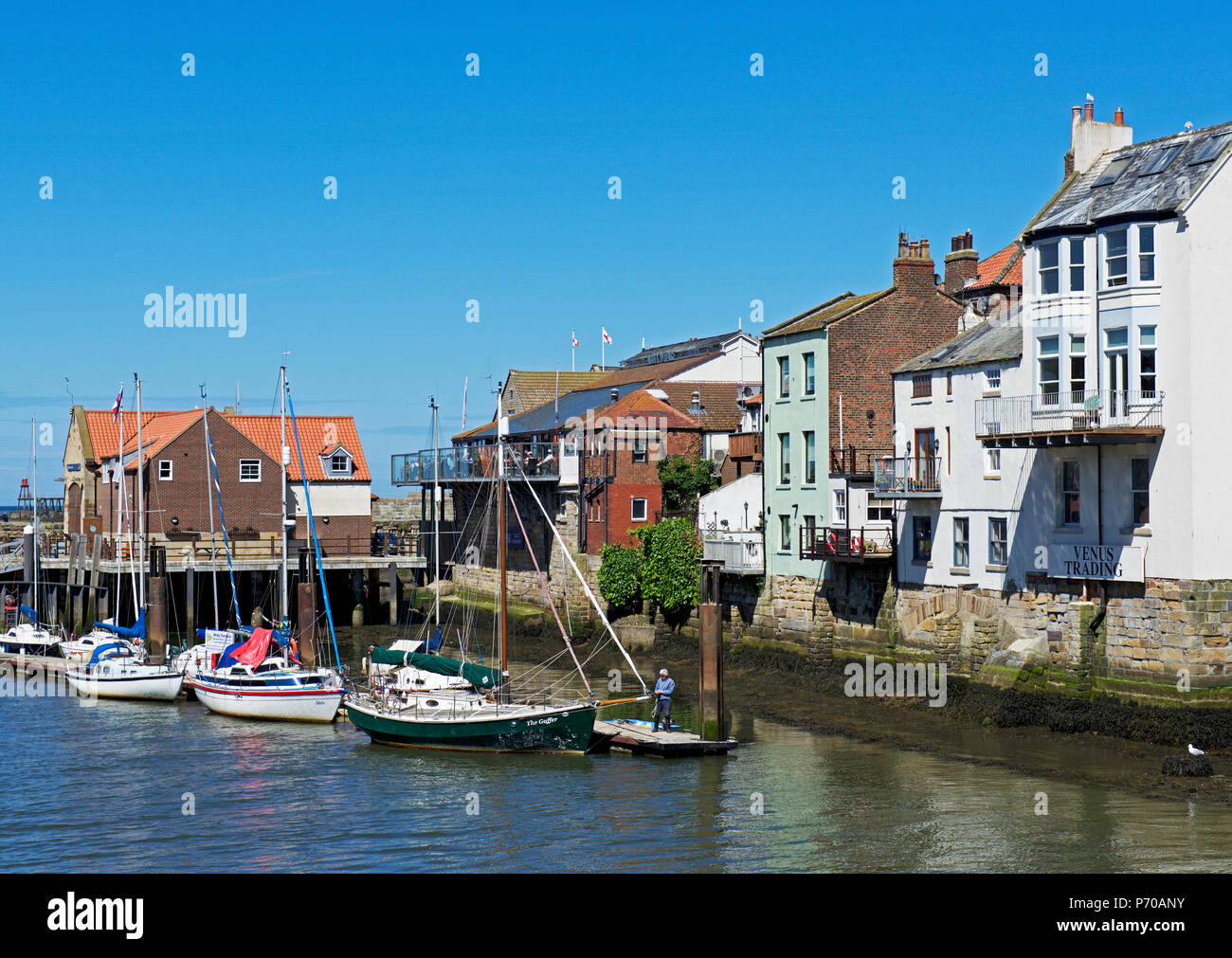 Barche a vela ormeggiata sul molo, Whitby, North Yorkshire, Inghilterra, Regno Unito Foto Stock