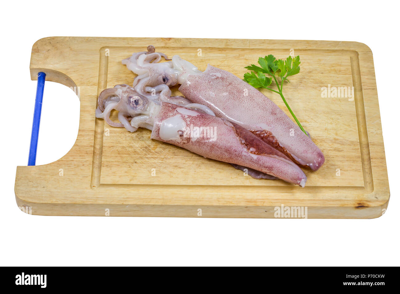 Crudo fresco calamari a sfondo bianco / seppie calamari o ,calamari freschi su legno di trinciatura / calamari freschi & seppie su un tagliere in retro bianco Foto Stock