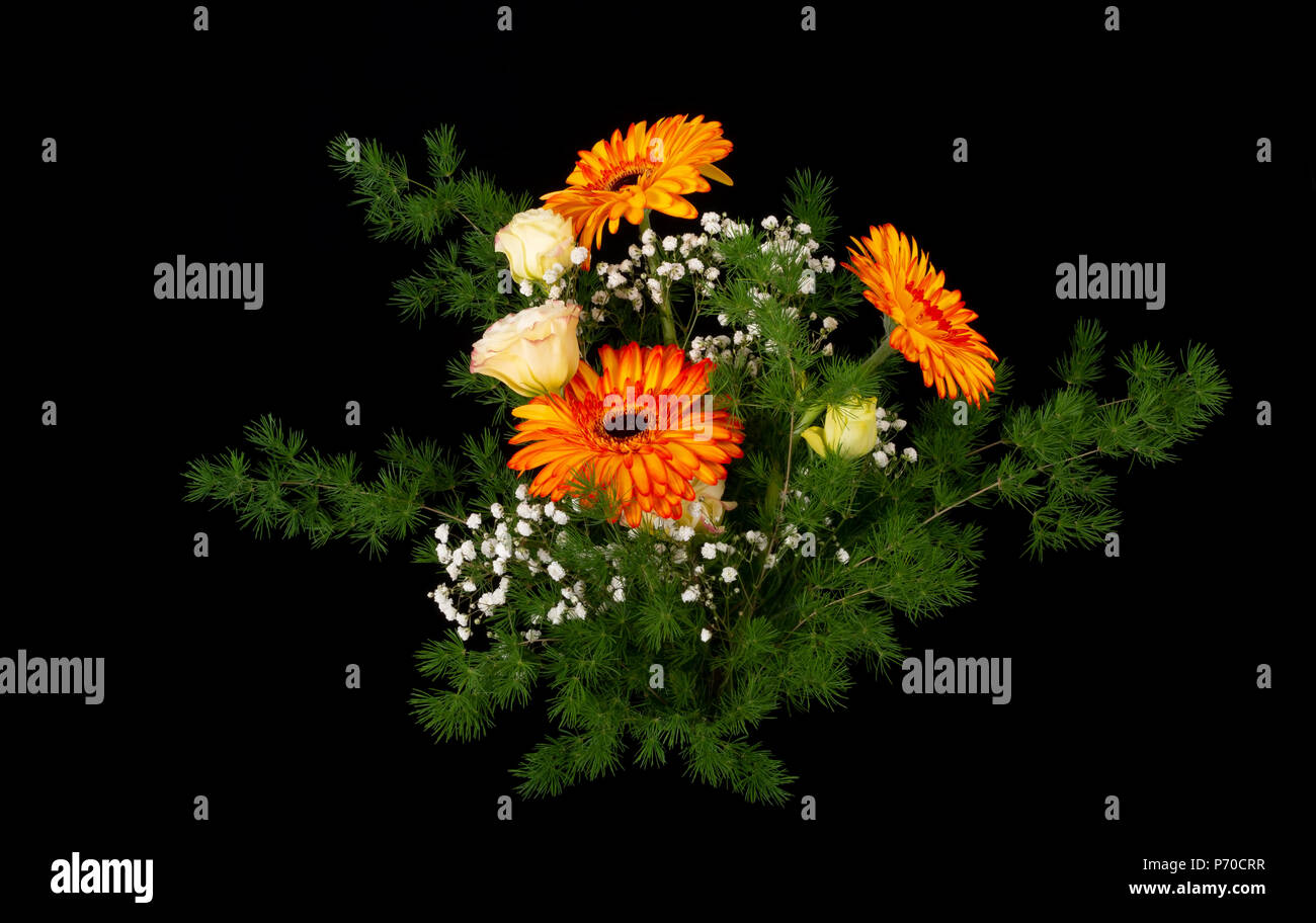 Bouquet di fiori luminosi isolati su nero. Professional composizioni floreali. Foto Stock