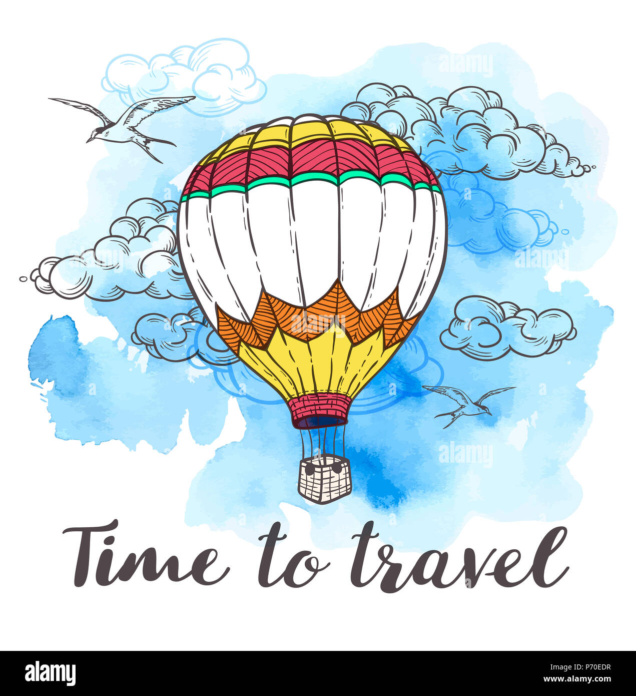 Viaggi Vintage sfondo con pallone aerostatico, nuvole e acquerello blu texture. Il tempo di viaggio scritte. Foto Stock
