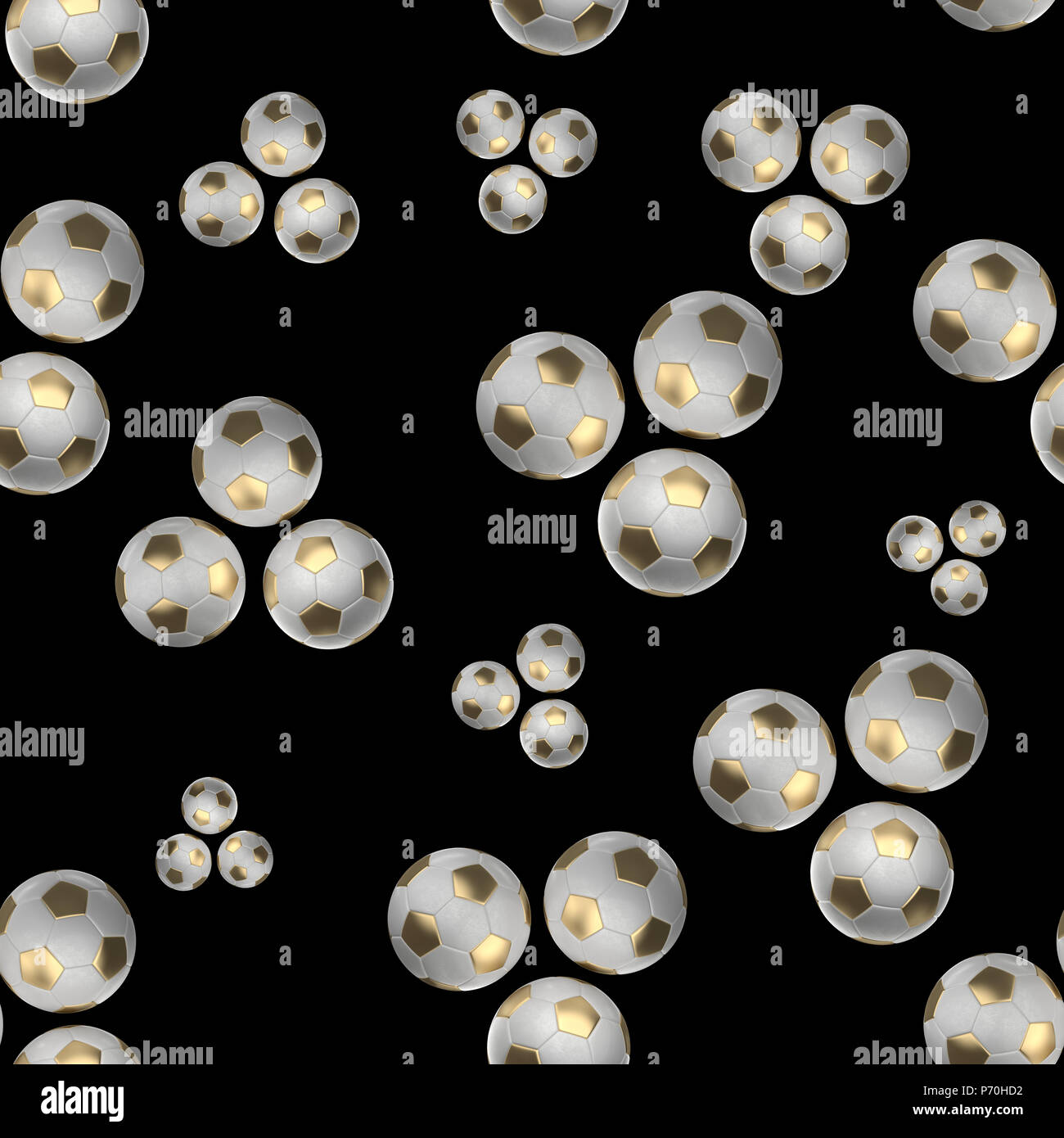 Golden Soccer-sfere isolati su sfondo nero seamless pattern 3d'illustrazione. Foto Stock