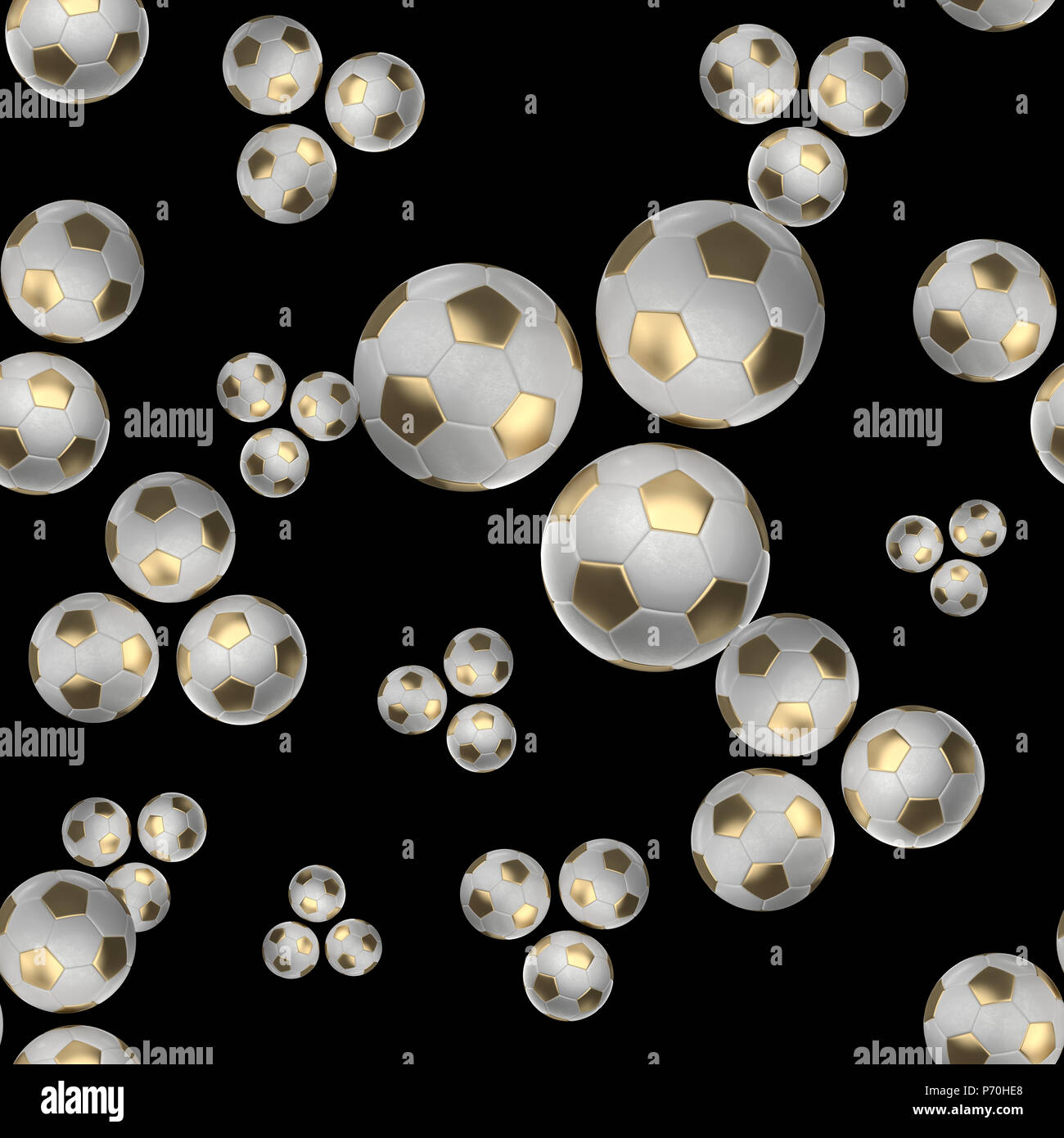 Golden Soccer-sfere isolati su sfondo nero seamless pattern 3d'illustrazione. Foto Stock