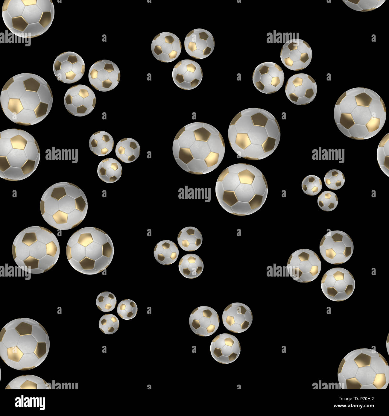 Golden Soccer-sfere isolati su sfondo nero seamless pattern 3d'illustrazione. Foto Stock