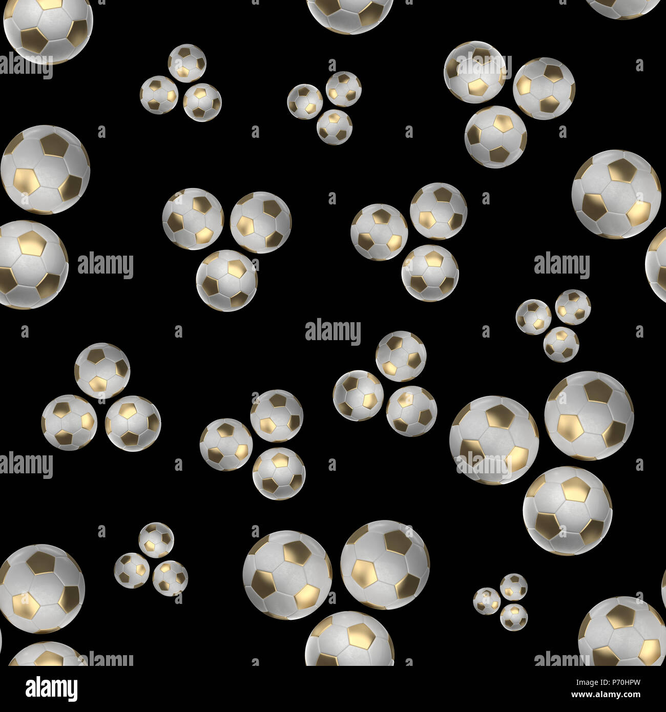 Golden Soccer-sfere isolati su sfondo nero seamless pattern 3d'illustrazione. Foto Stock