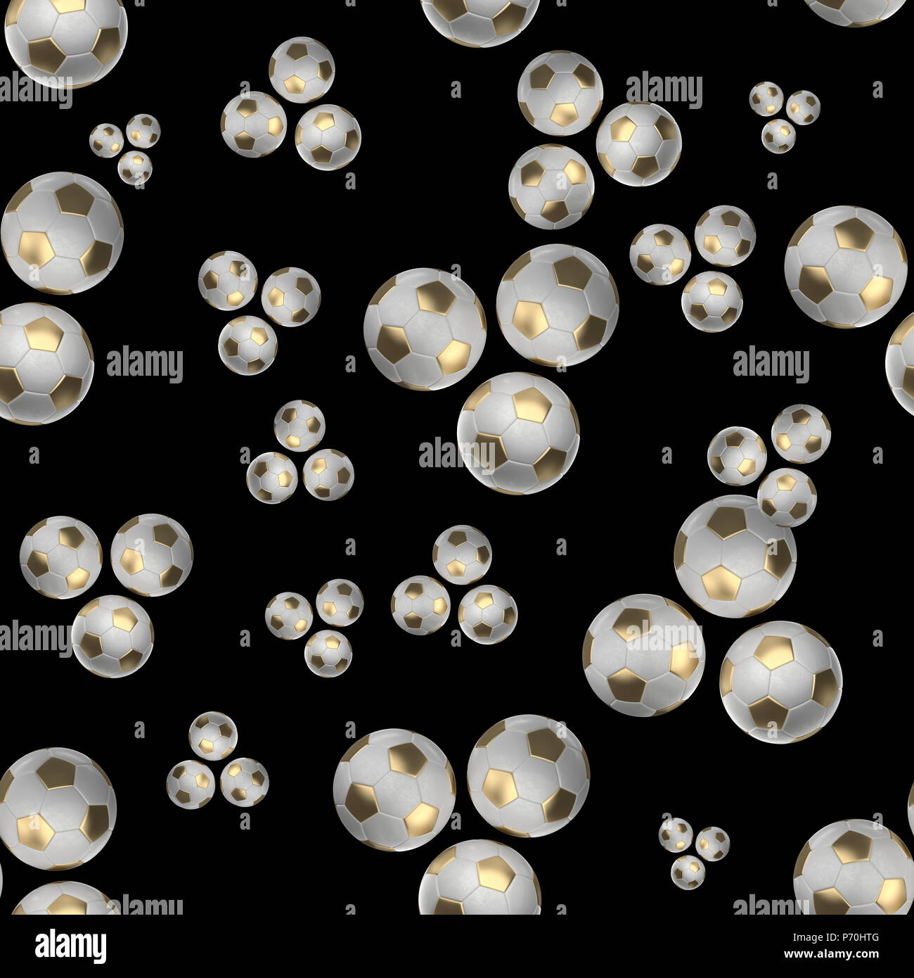 Golden Soccer-sfere isolati su sfondo nero seamless pattern 3d'illustrazione. Foto Stock