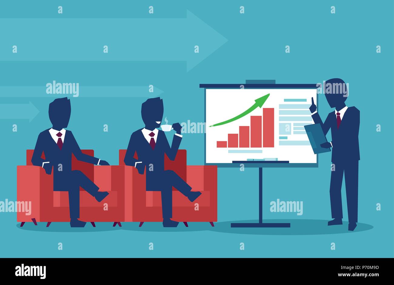 Imprenditore presentando i dati di marketing su una presentazione della scheda dello schermo per spiegare i grafici per i dirigenti dell'azienda. Seminario aziendale. Piatto di vettore di stile Illustrazione Vettoriale